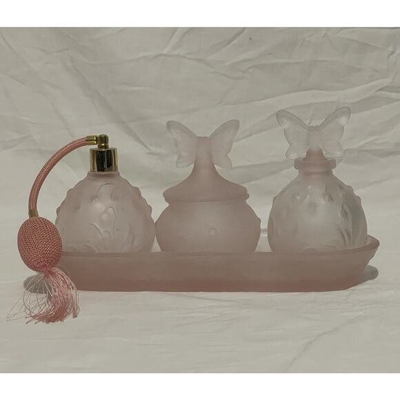 Stiver of Italy Accessories - Vintage Pink Satin Glass Lilly of Valley Vanity Set Stiver Italy Butterfly Tops
